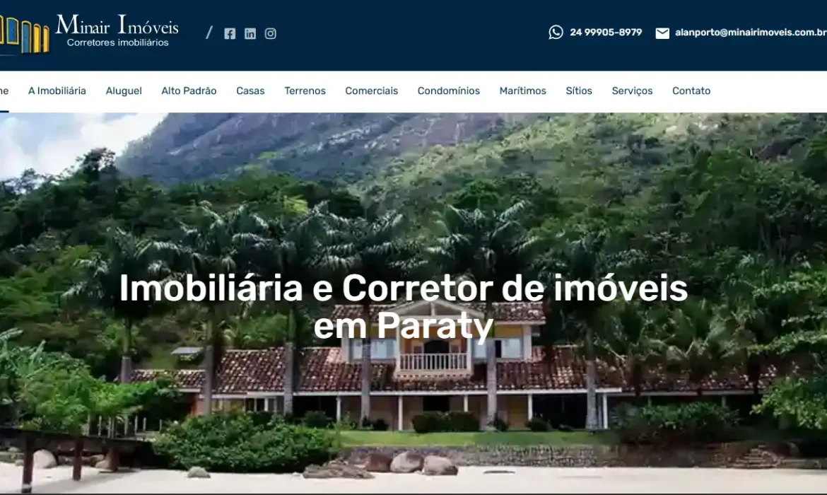 Site criado por Imasterweb Soluções Digitais para a Imobiliária Minair Imóveis com otimização SEO orgânico na cidade de Paraty.