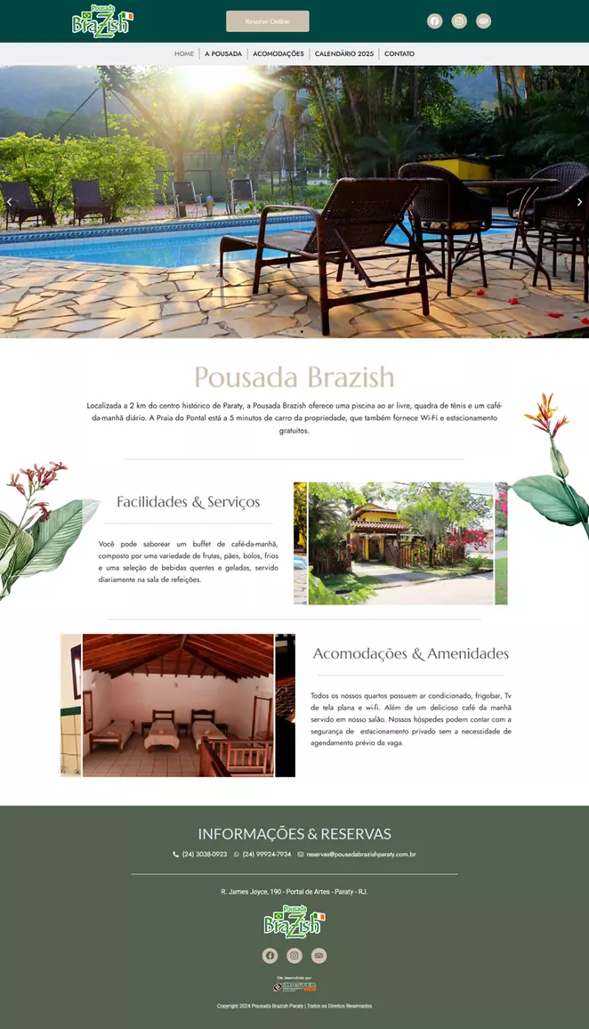 Site desenvolvido pelo Estúdio Imasterweb Soluções Digitais para a Pousada Brazish Paraty com layout exclusivo e sistema de reservas.